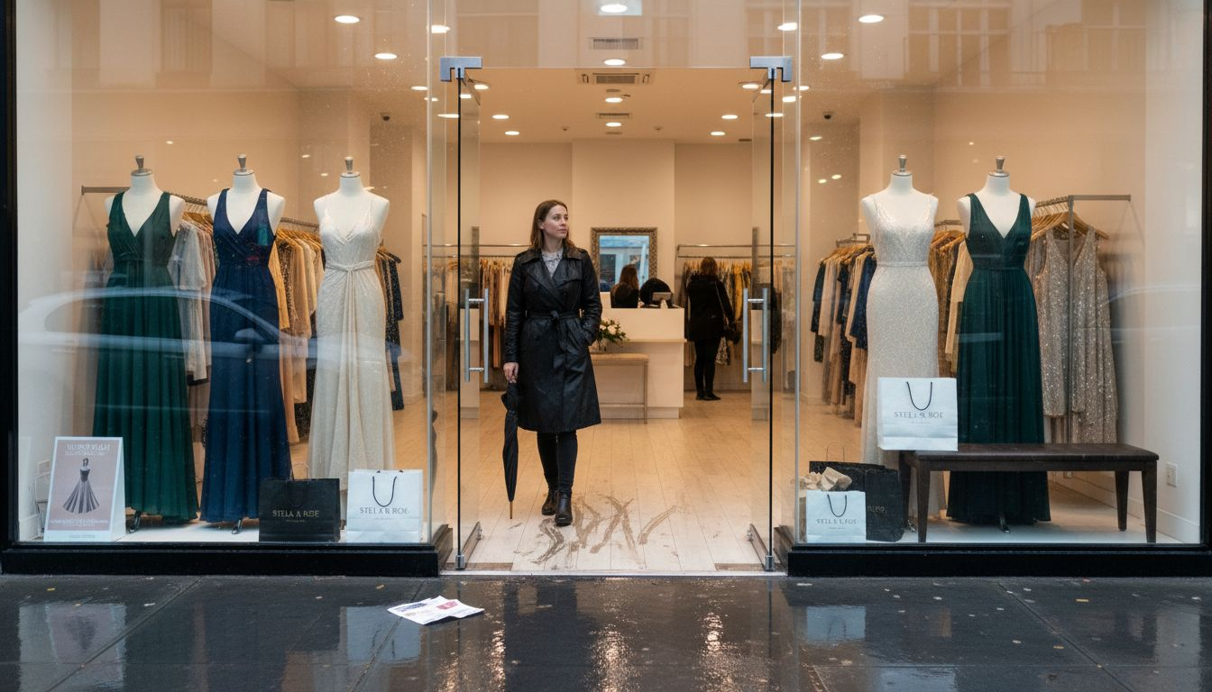 Woman entering boutique for formal dress shopping