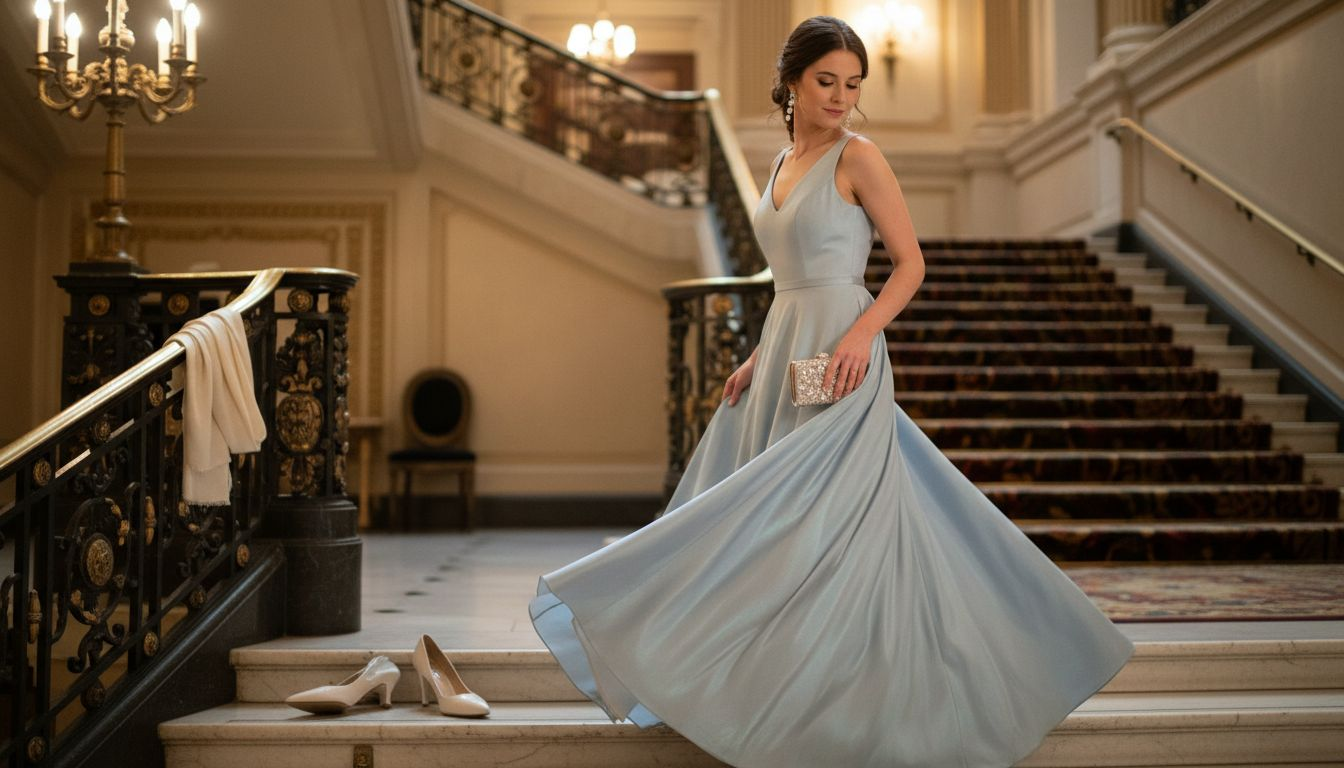 Woman in A-line gown by ballroom staircase