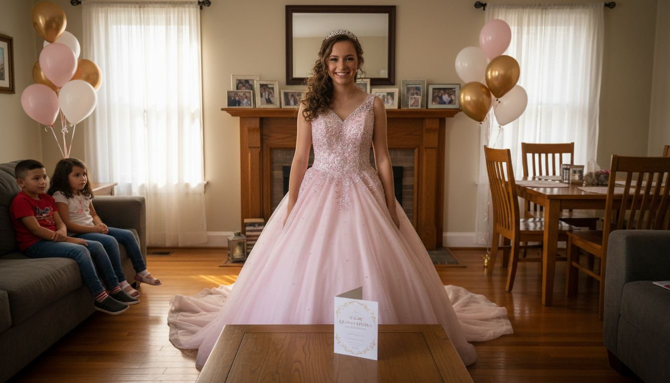 Teen in pink quinceanera dress celebration