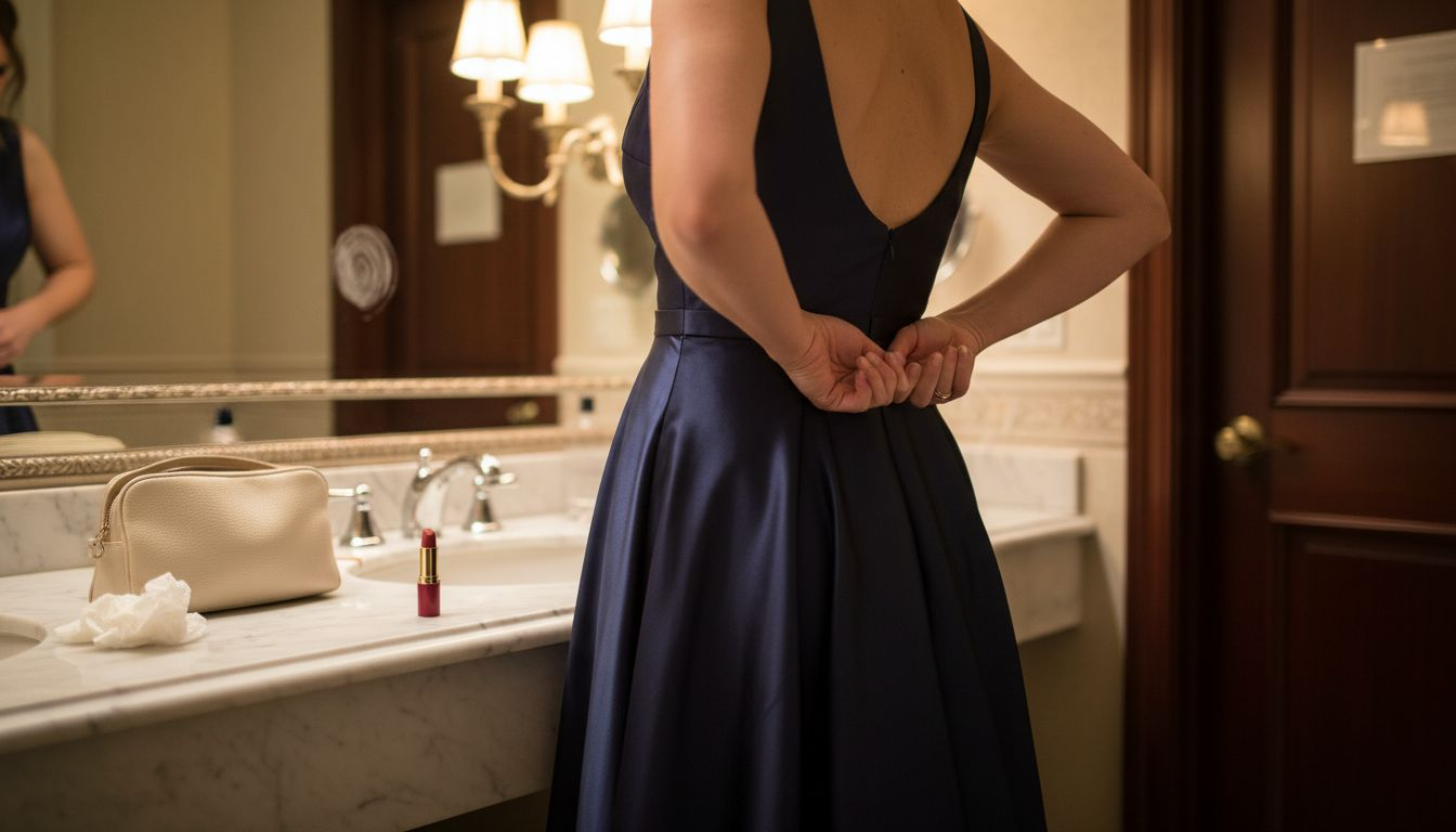 Evening gown details in hotel powder room