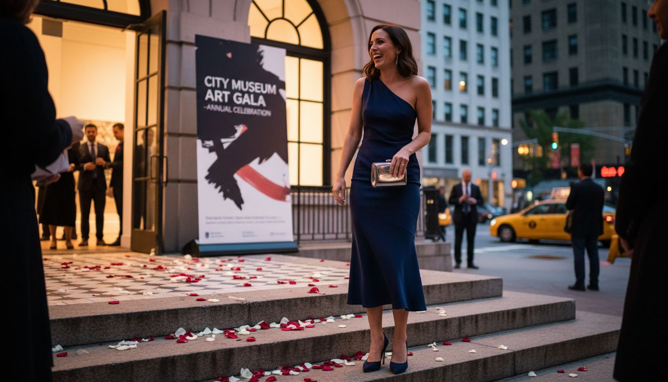 Woman at evening event in one-shoulder dress