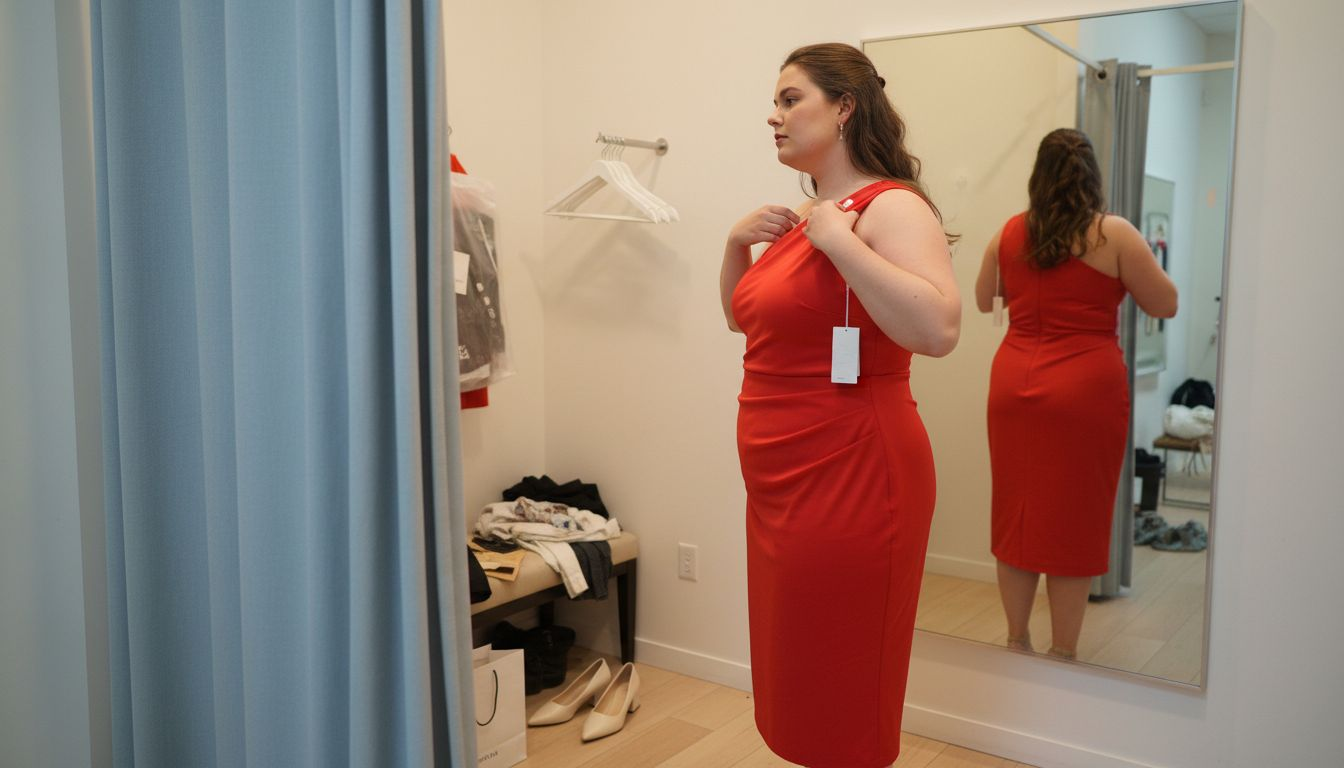 Pear-shaped model fitting a one-shoulder dress