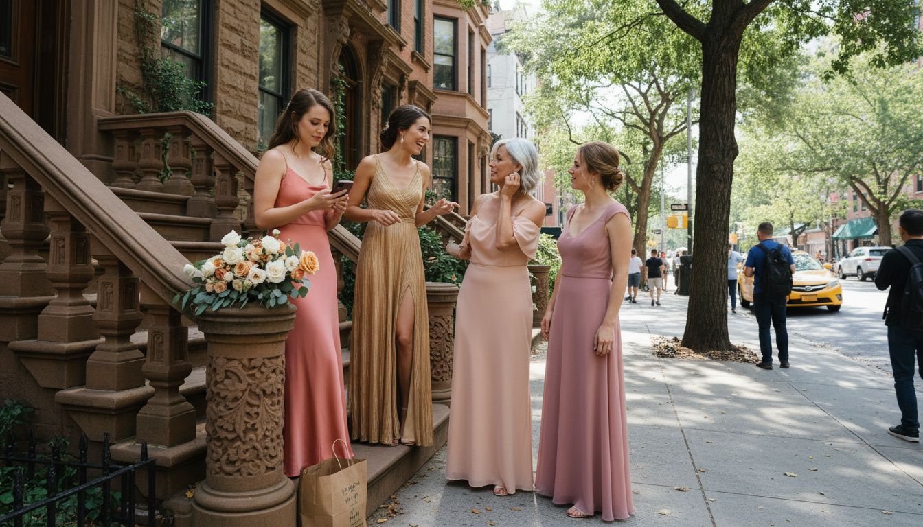 Bridesmaids wear coordinated dresses on New York street