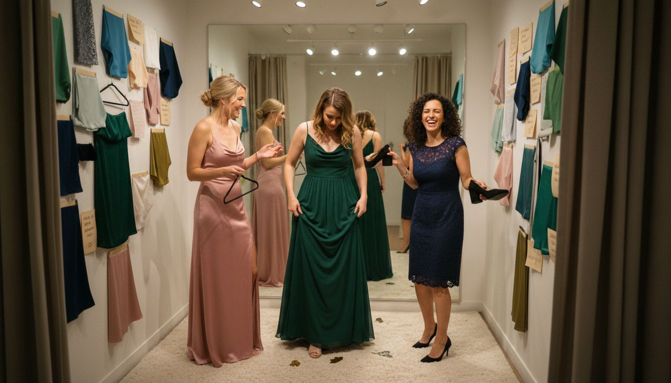 Bridesmaids try on dresses in NYC boutique