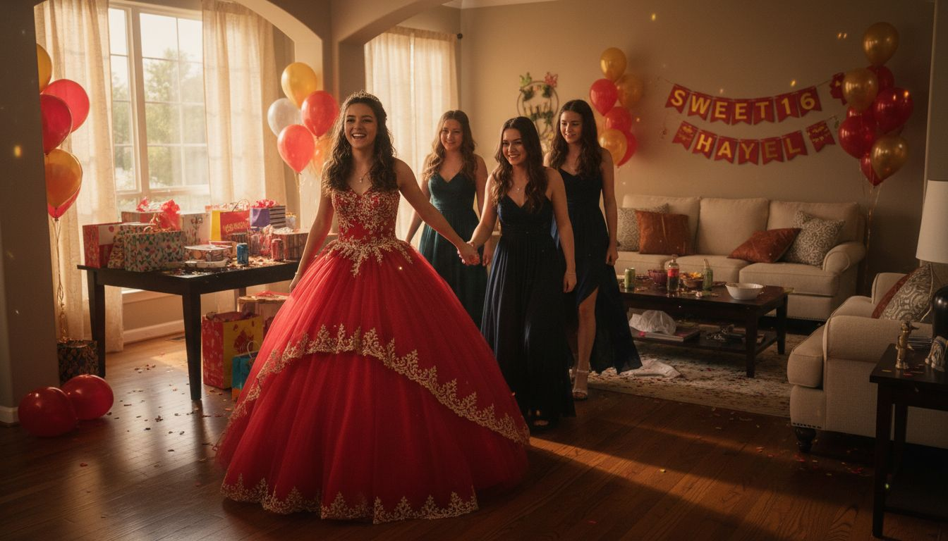 Teen girl in red Sweet 16 dress at party