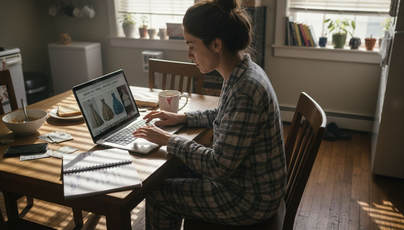 Woman shopping for affordable ball gowns online at kitchen table