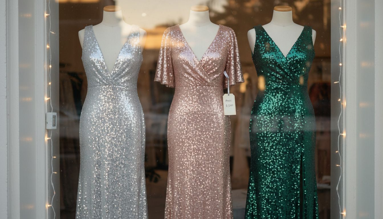 Mannequins wearing silver, rose gold, green gowns