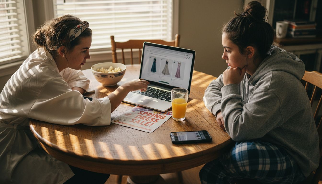 Teens shopping for prom dresses online together