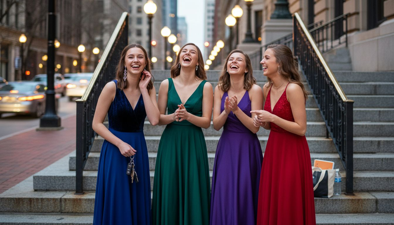 Teens in colorful Alyce Paris prom dresses