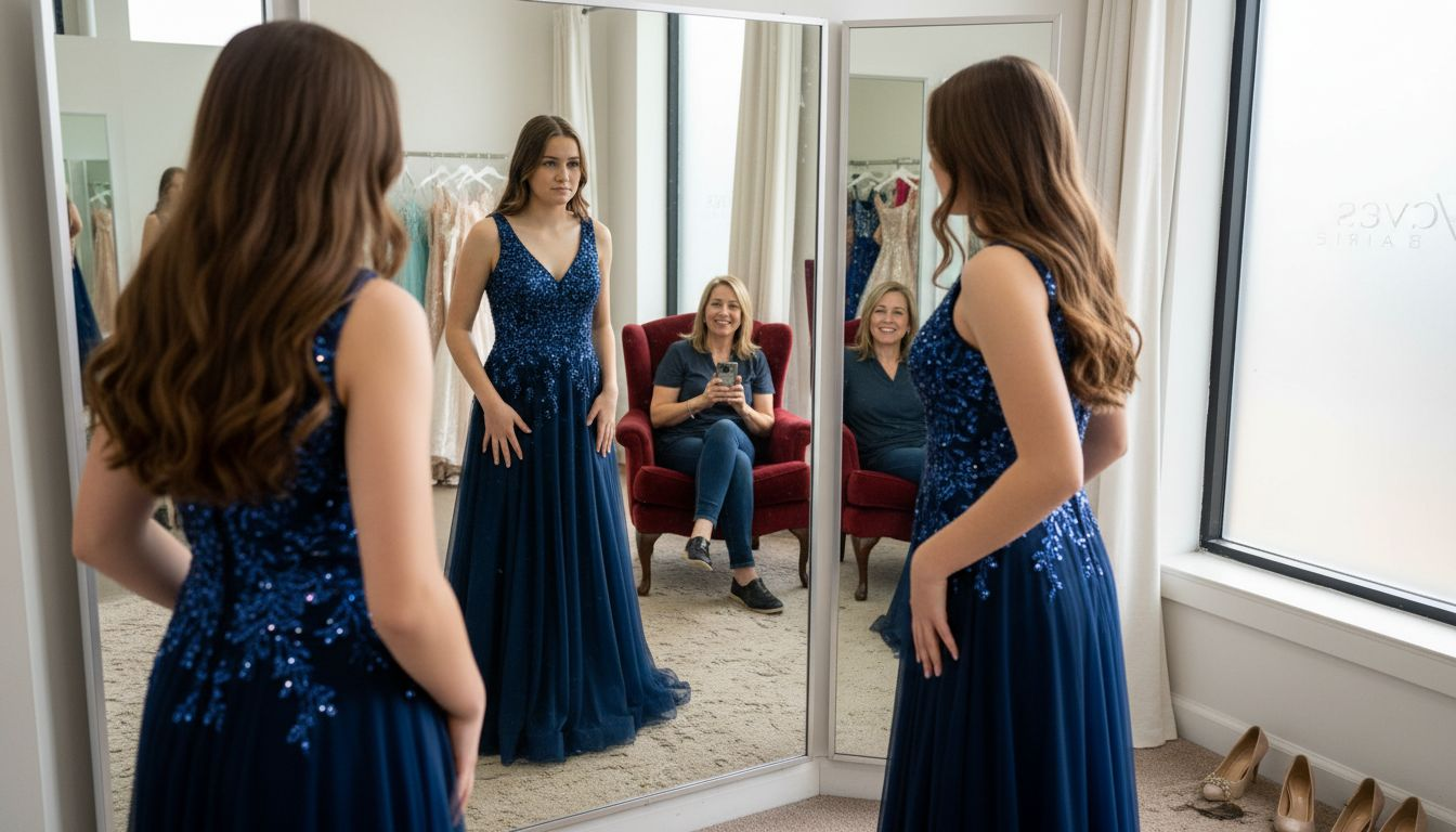 Young woman fitting Alyce Paris dress
