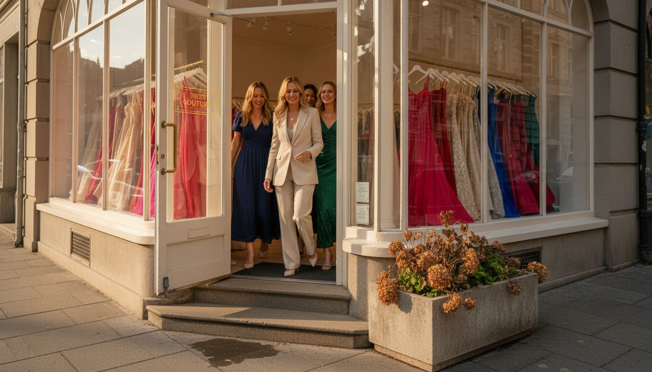 Boutique with women entering for special occasion dresses