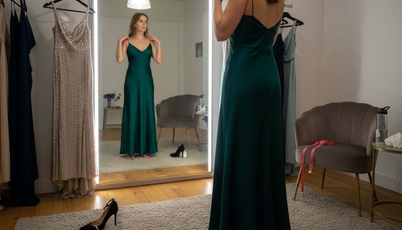 Woman tries on evening gown in boutique fitting room