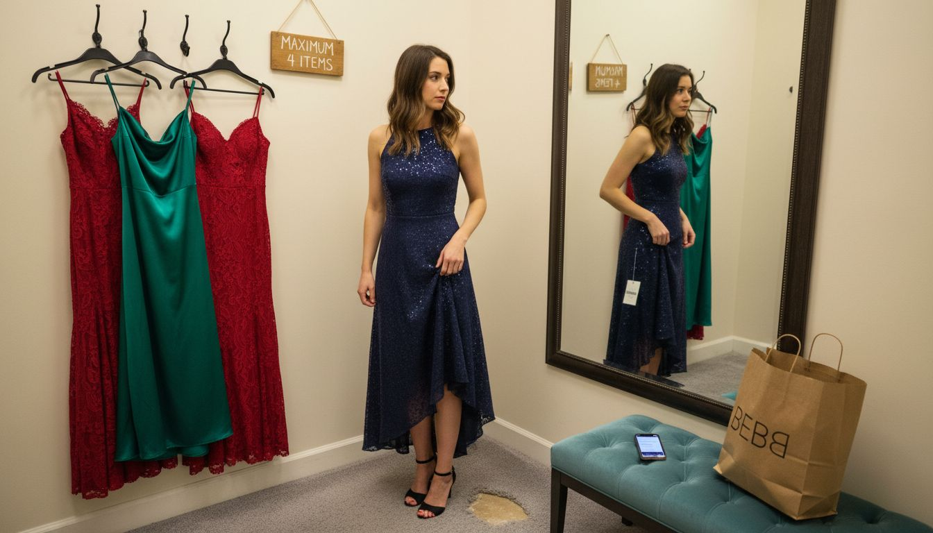 Customer trying Bebe cocktail dress in fitting room