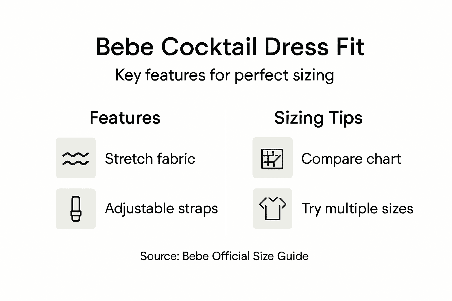Infographic about Bebe dress features and sizing