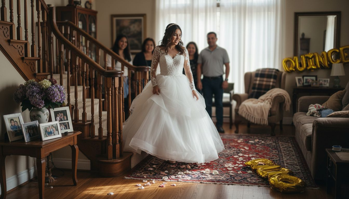 Teen girl in white quinceanera dress with family