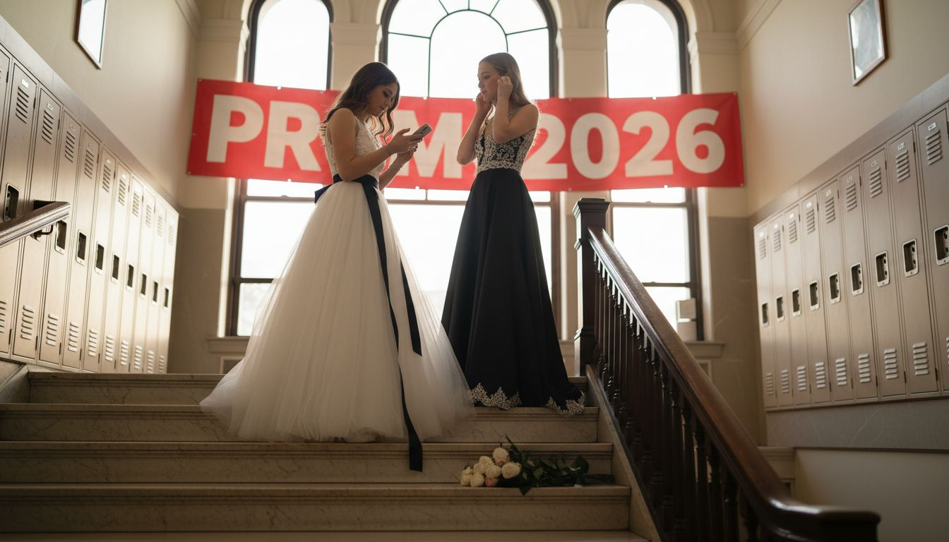 Teens in black and white prom dresses on stairs