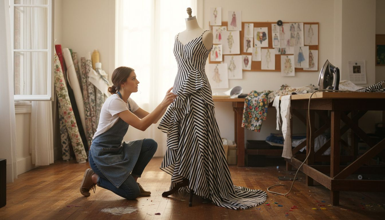 Designer working on black white prom dress