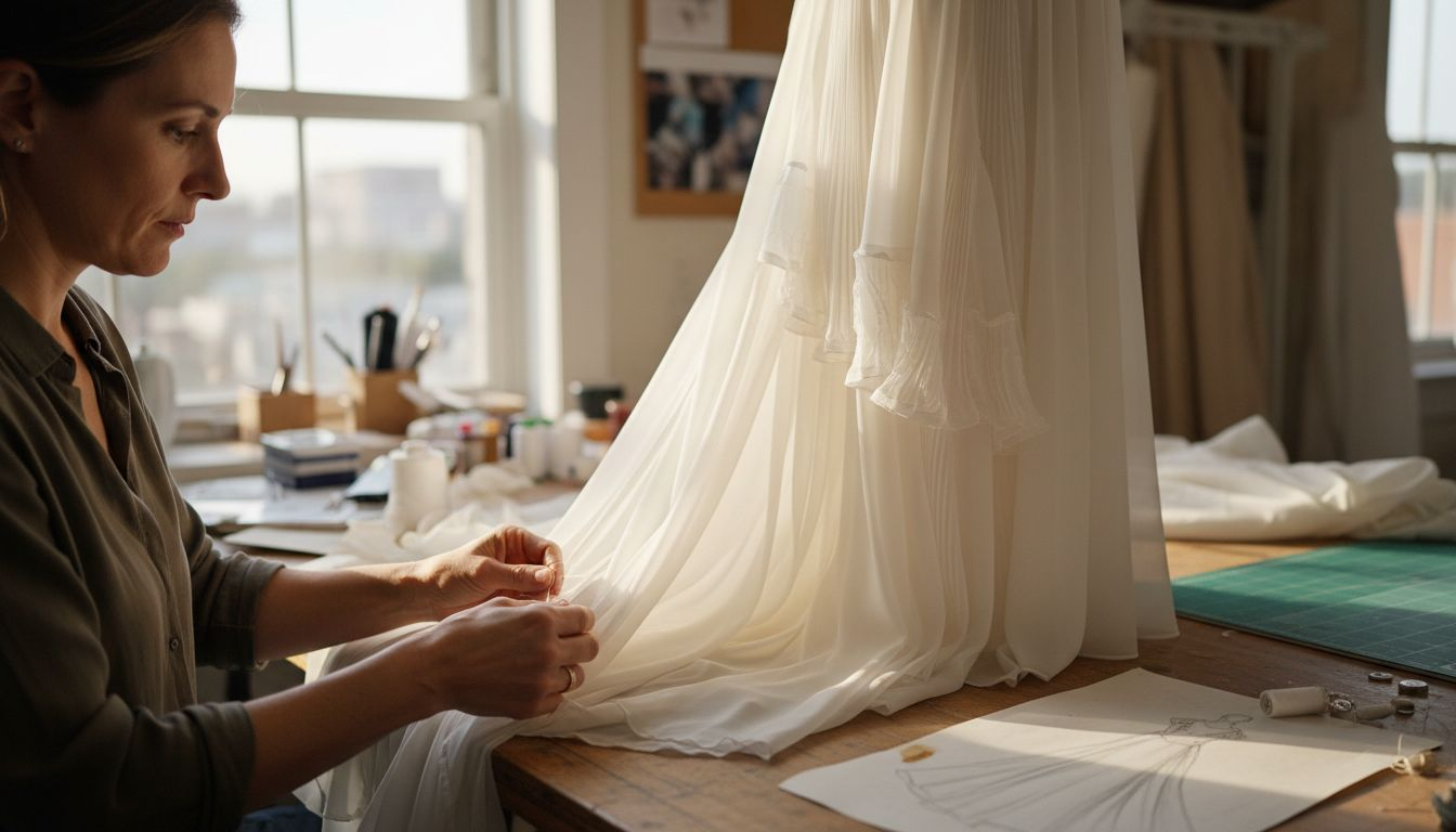 Seamstress working on Bebe dress fabrics