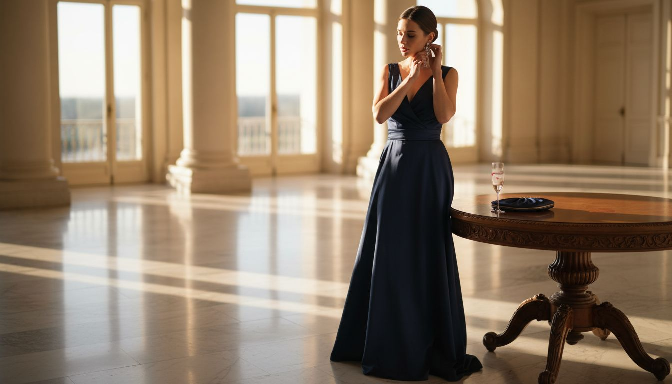 Woman in navy satin dress at ballroom