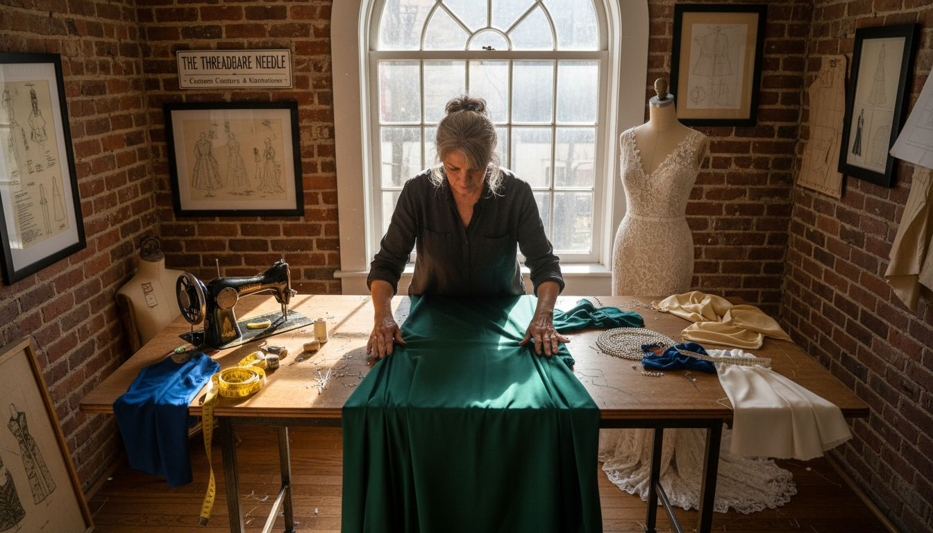 Dressmaker smoothing silk fabric details