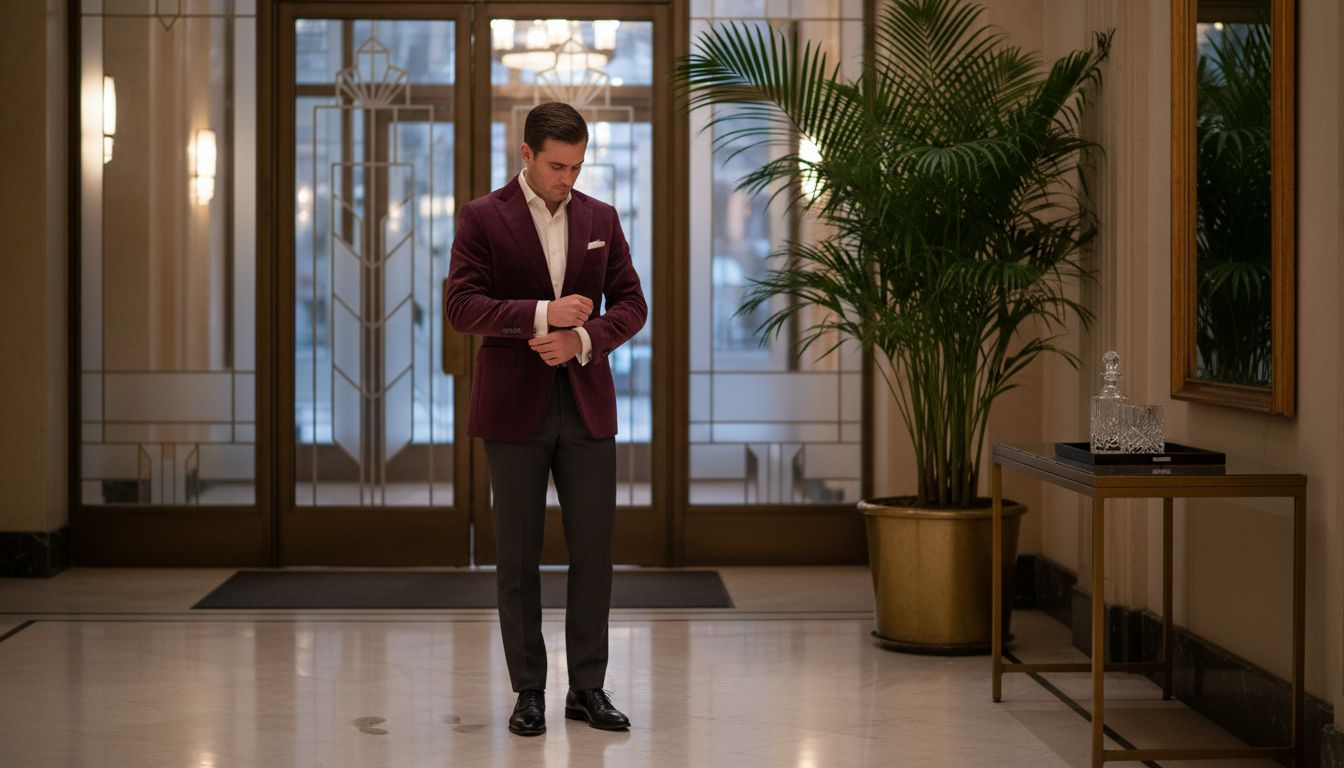 Man adjusting blazer in elegant hotel lobby