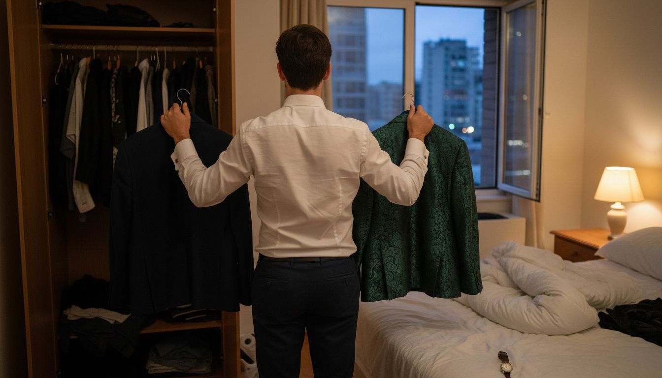 Man choosing blazer by window at dusk