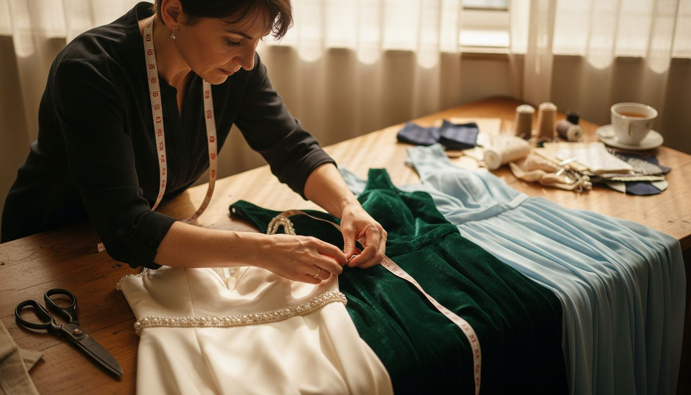 Seamstress inspecting various gown fabrics