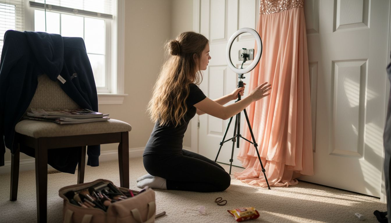 Teen preparing dress photography setup