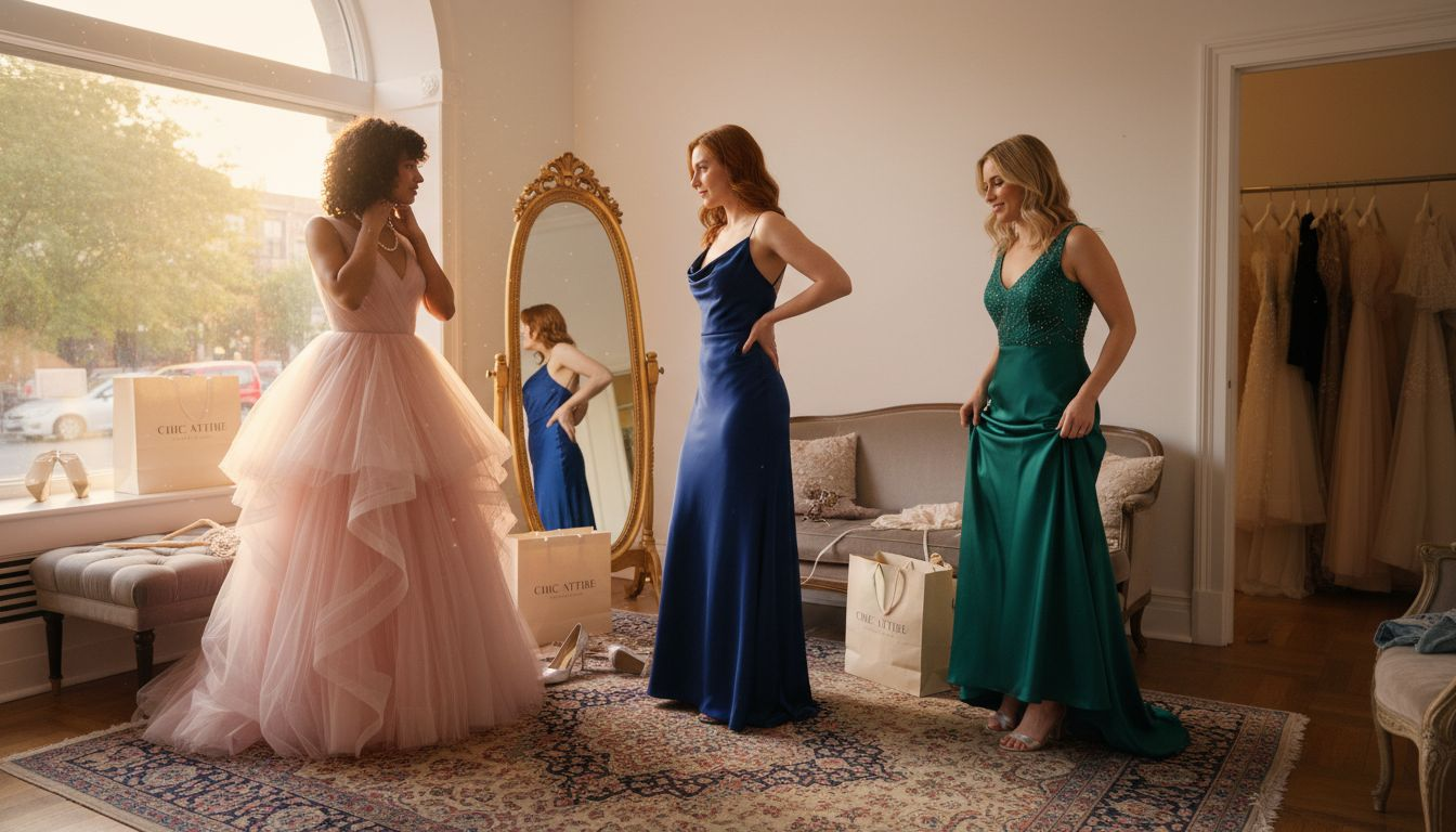 Women trying on gala ball gowns in boutique