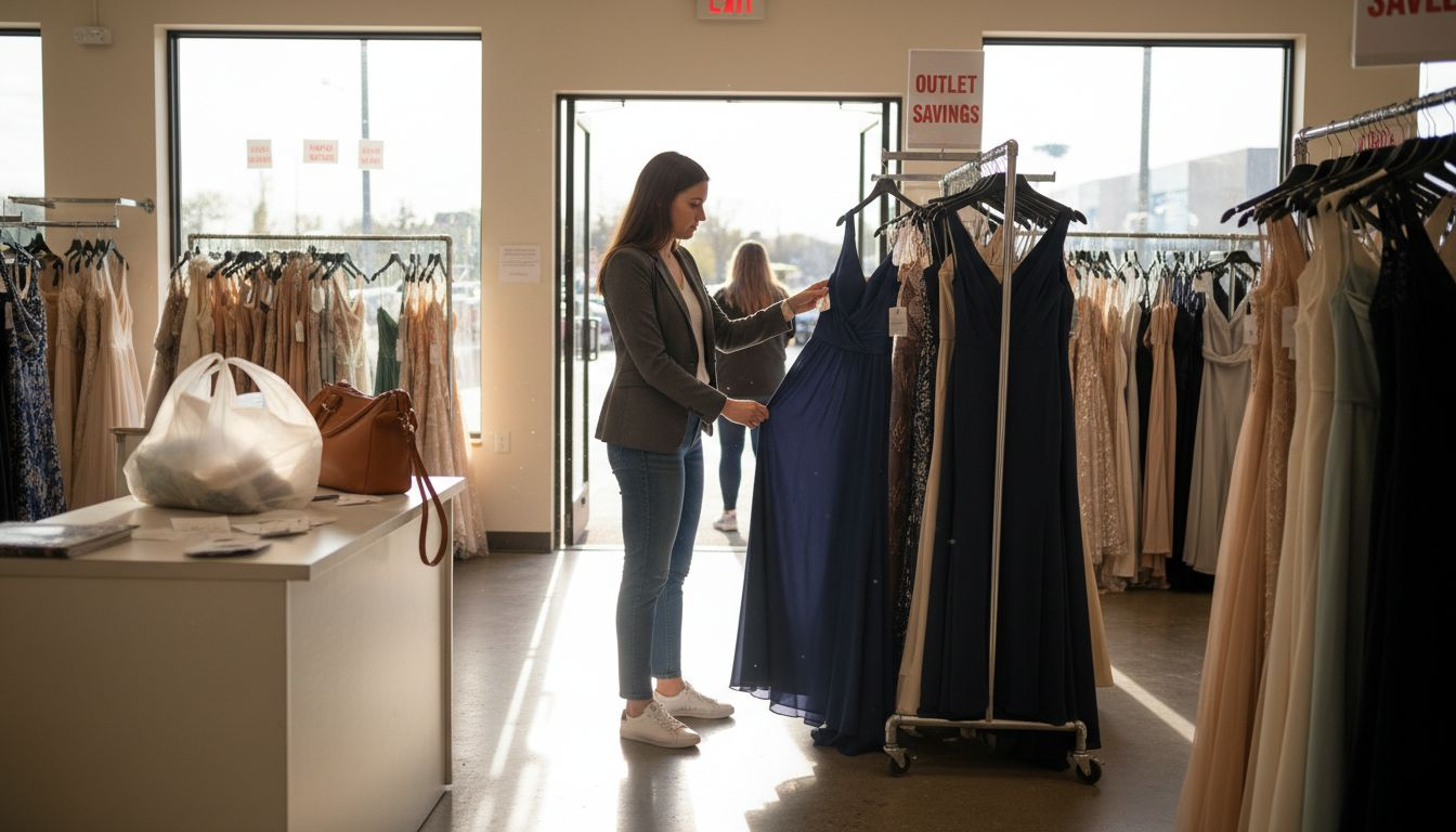 Woman shopping dresses at outlet store