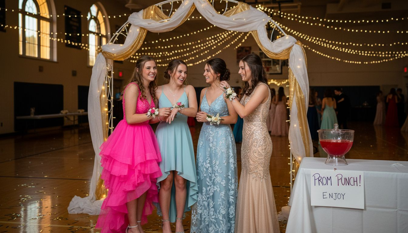 Teens in 2014 prom dresses at gym entrance