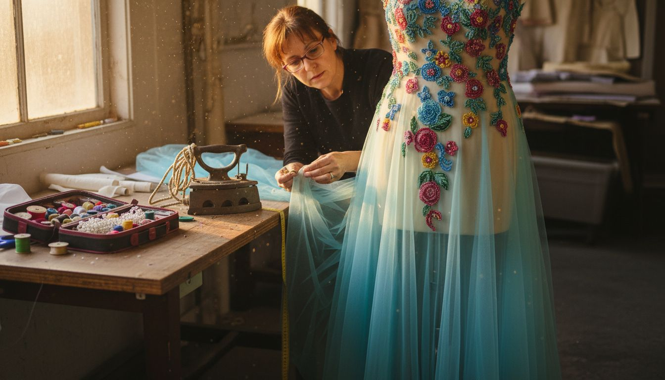 Seamstress inspecting prom dress fabric choices