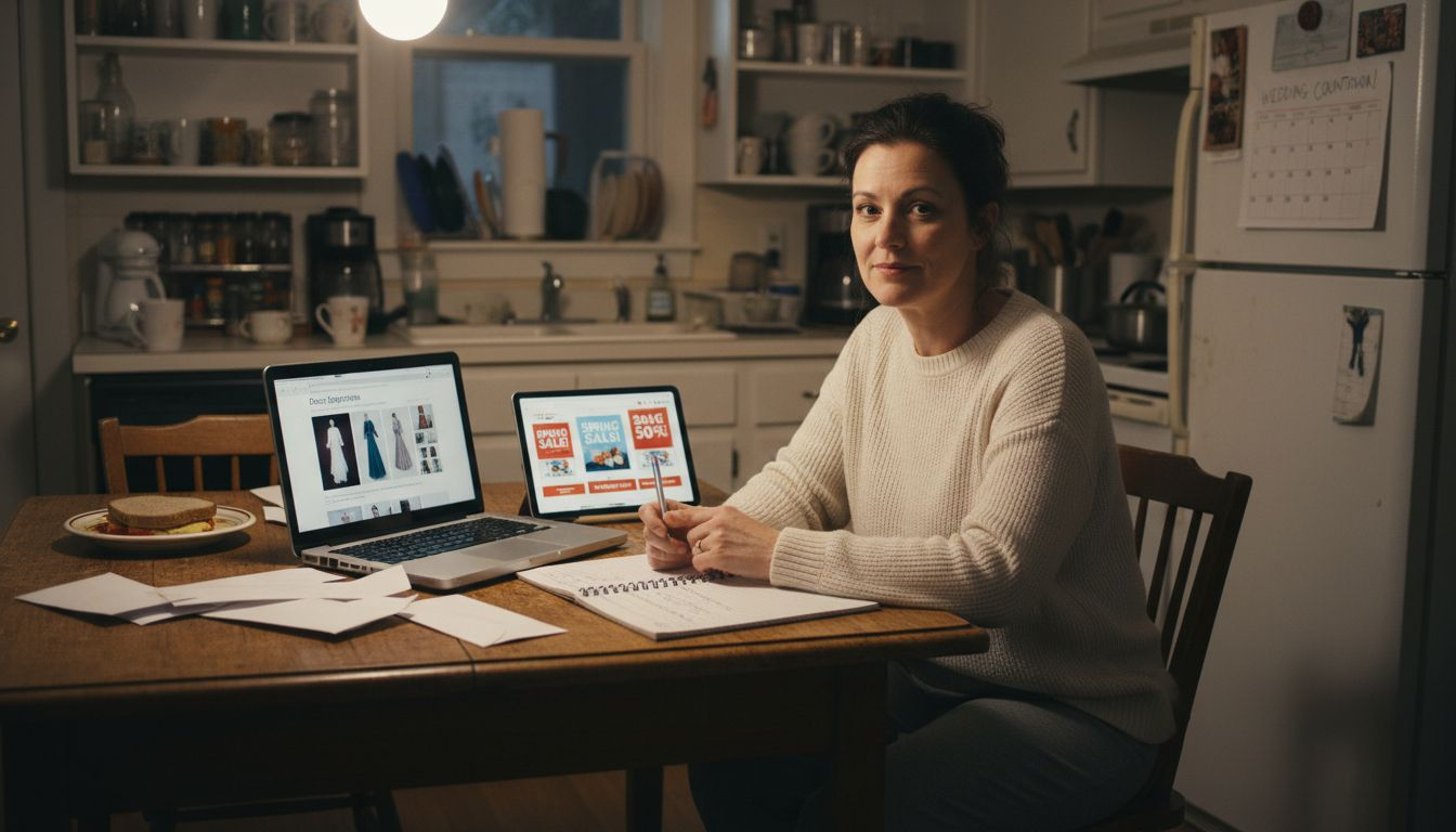 Woman planning dress shopping on laptop