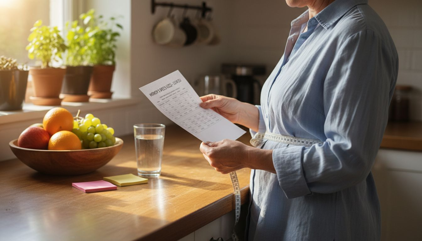 Woman comparing dress size details