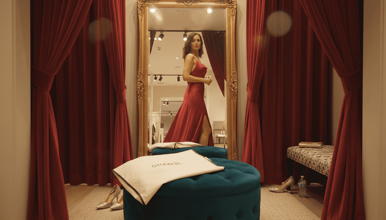 Woman trying on red carpet dress in boutique