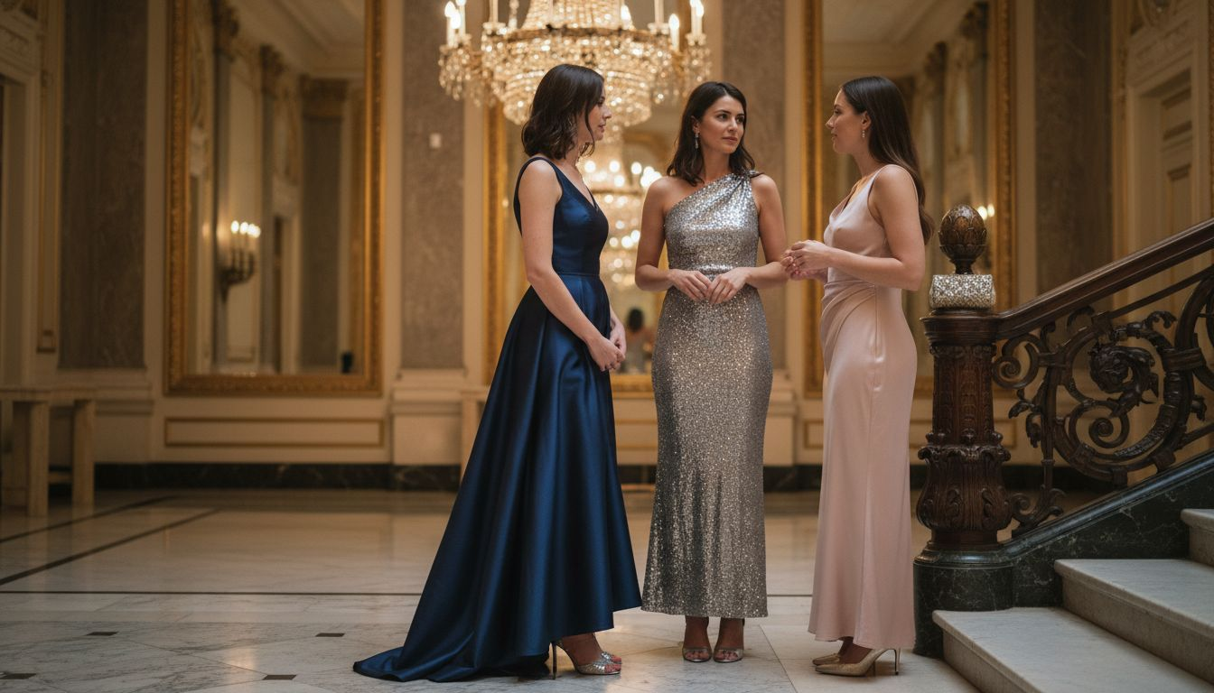 Women at gala in elegant formal dresses by staircase