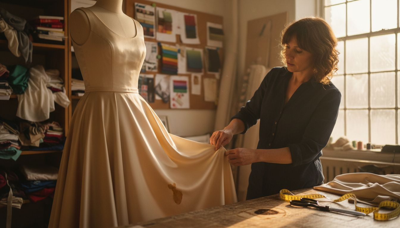 Tailor adjusting satin gala dress in atelier