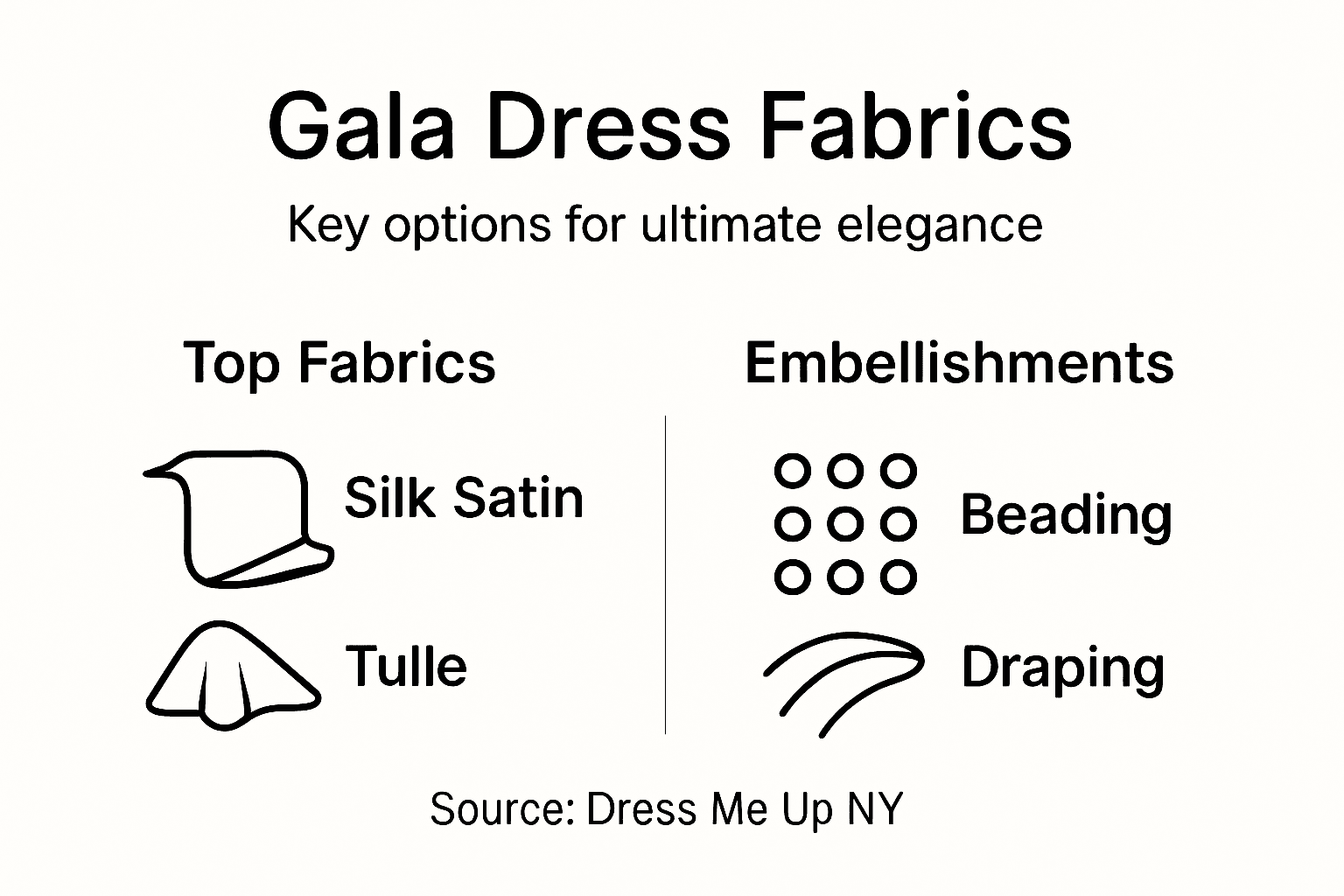 Infographic showing gala dress fabric choices and embellishments
