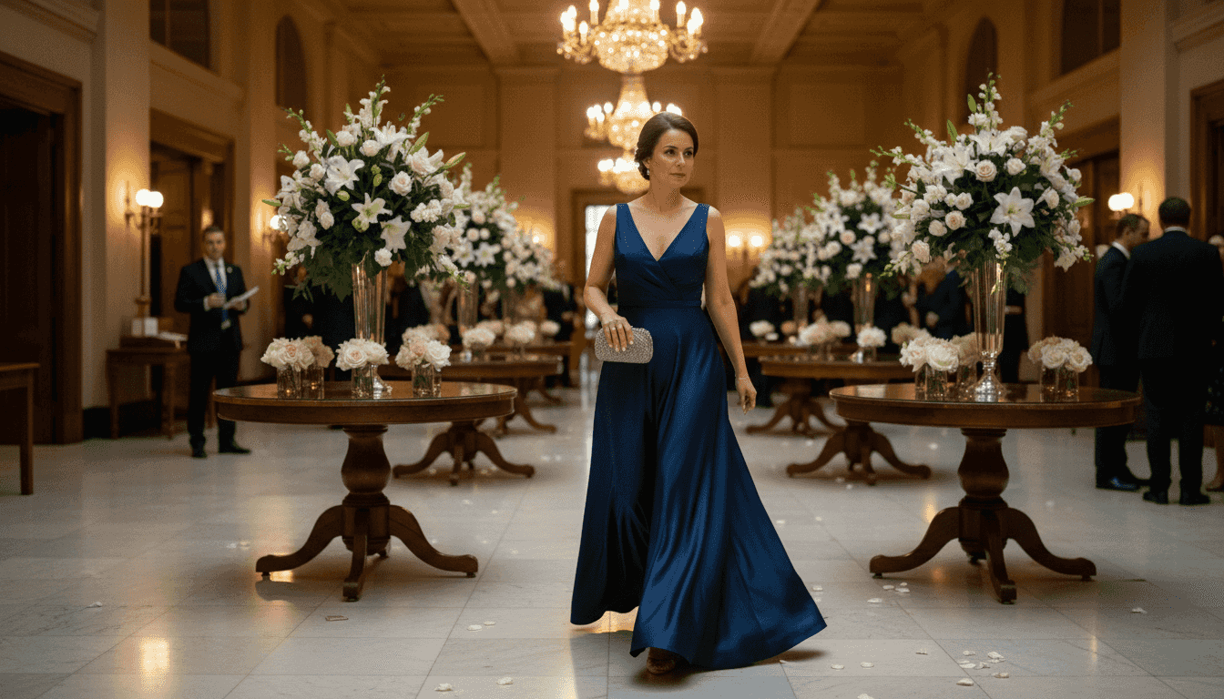 Woman in blue gala dress walking hotel lobby