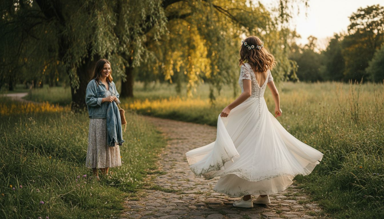 Teen twirling in lace boho prom dress