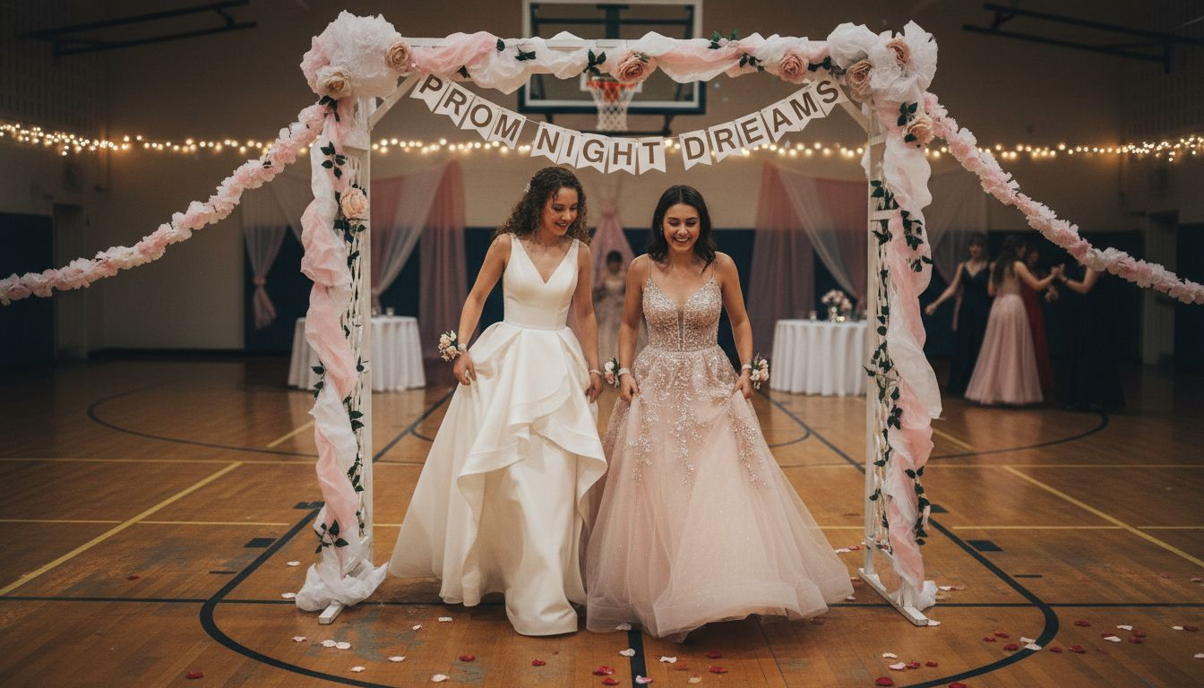 Two teens in bold wedding dresses at prom