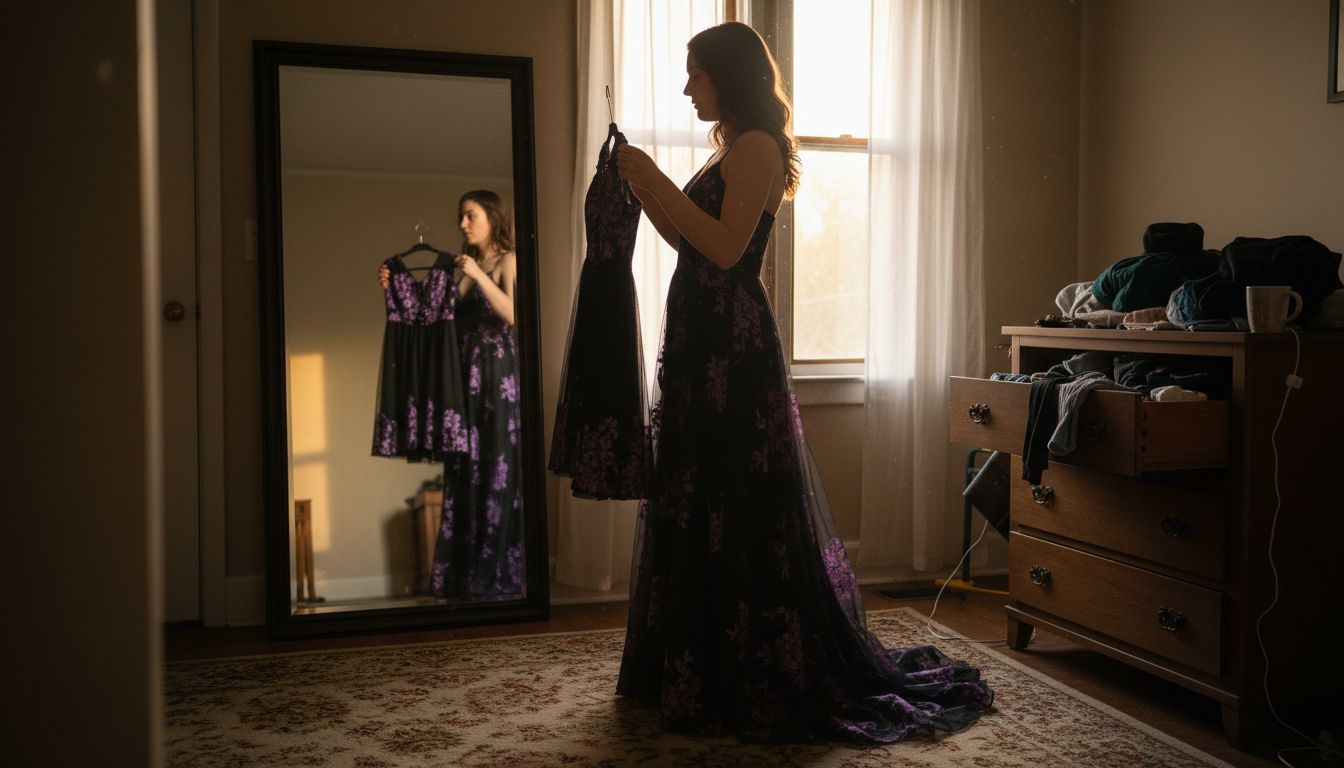 Woman comparing formal dress lengths in mirror