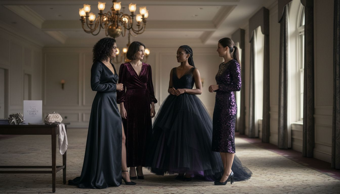Group of women in black and purple dresses