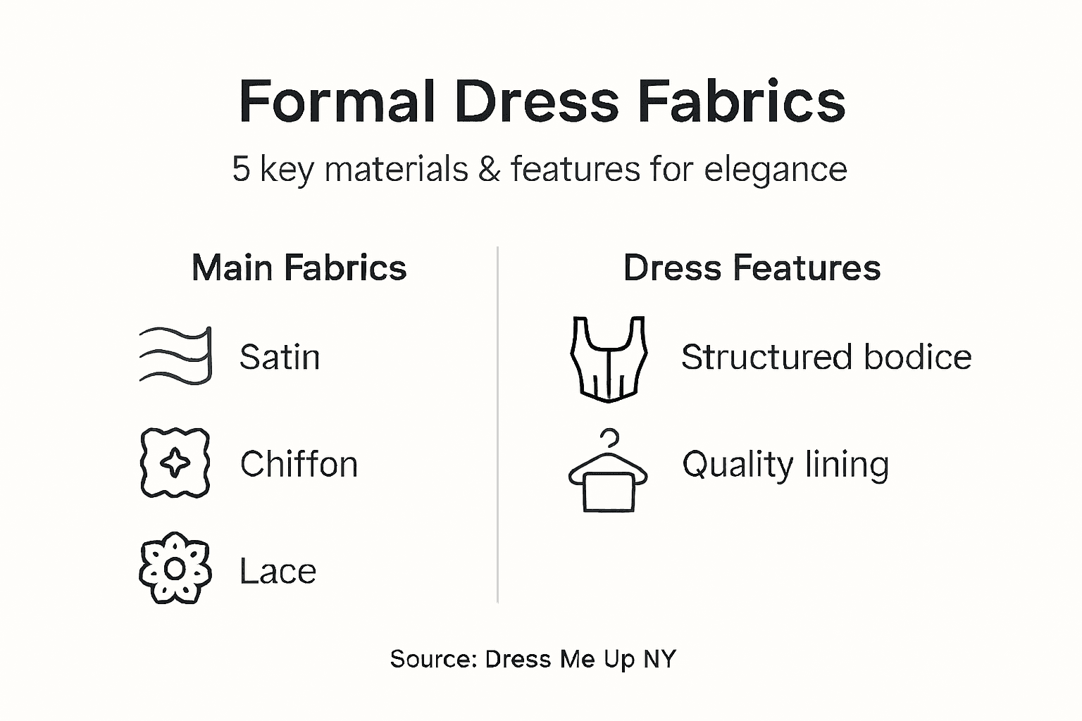 Infographic summarizing formal dress fabrics and features