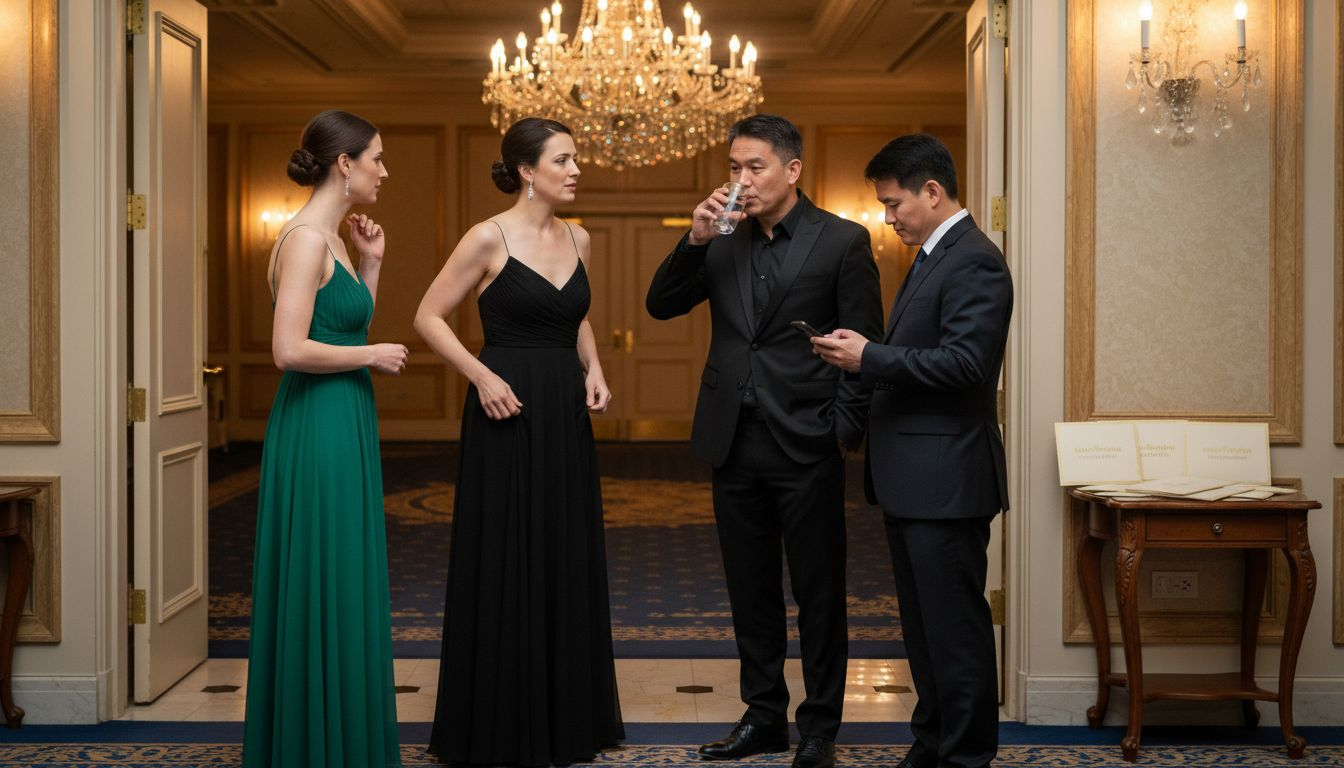 Guests in formal evening attire at ballroom entry