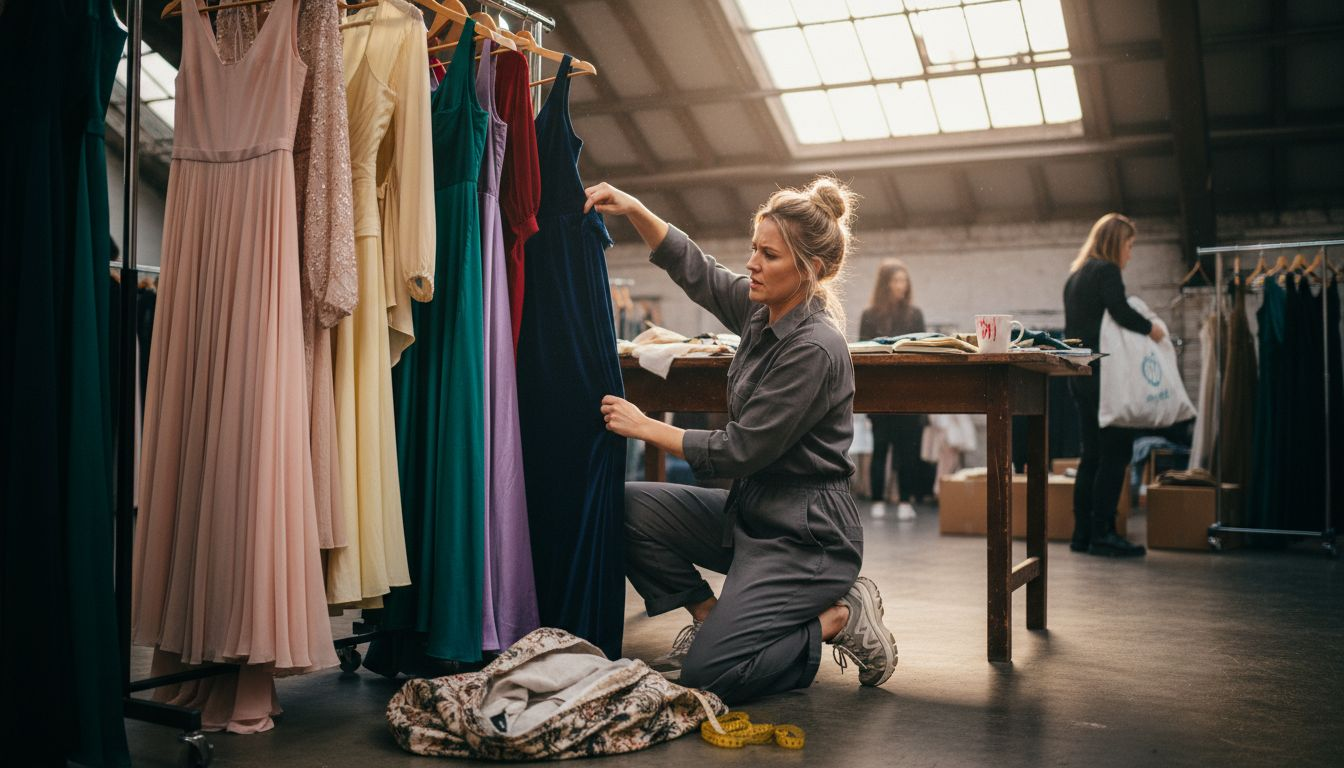 Stylist sorting trendy evening gown fabrics
