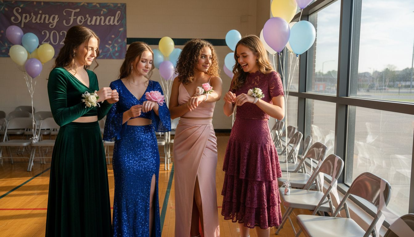 Group of young women in two-piece long sleeve formal dresses at school dance