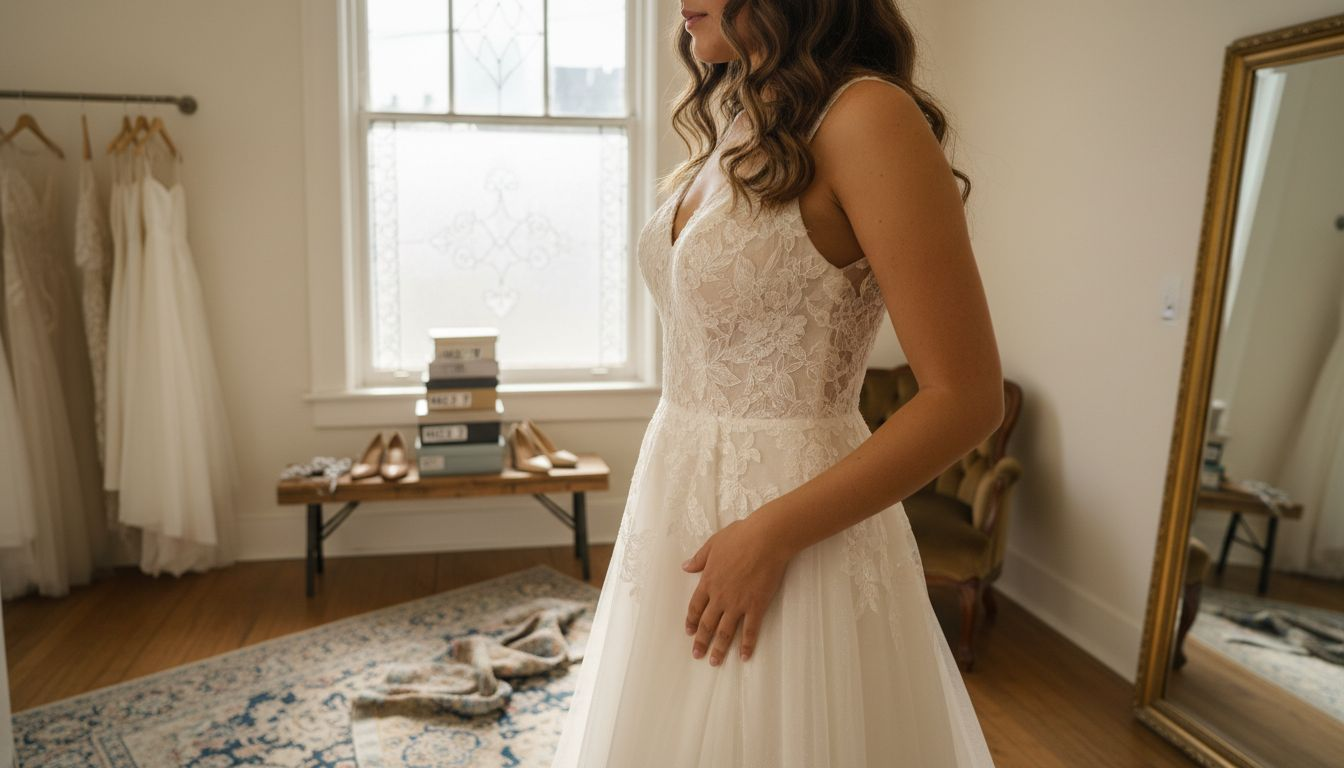 Close-up of A-line gown fit at waist