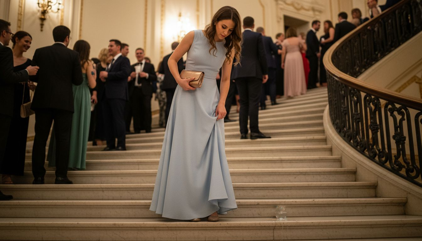Woman adjusting A-line gown at staircase event