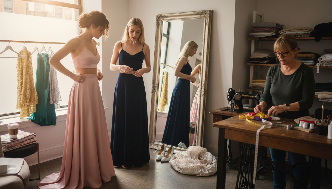 Women trying on two-piece formal gowns